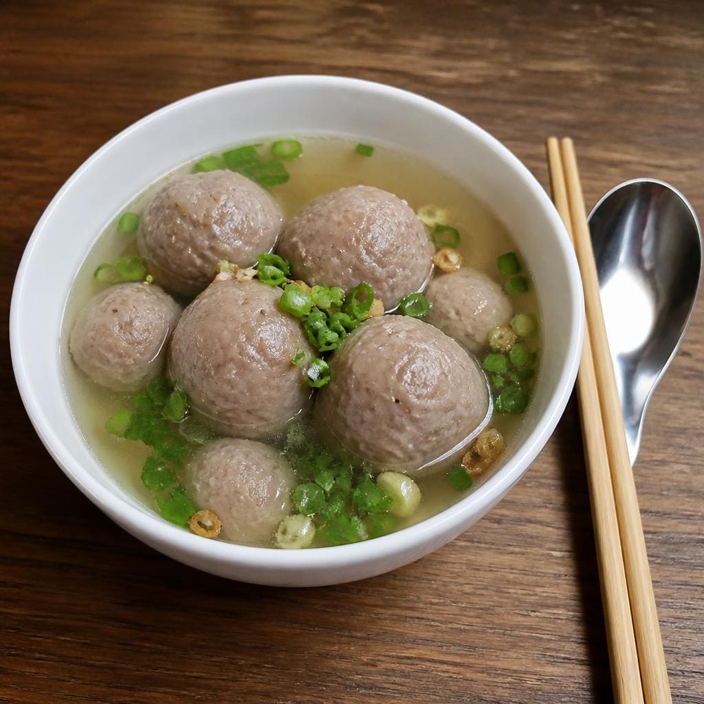 Bakso Kuah Es Teler 77 dengan sayur sawi dan kuah hangat